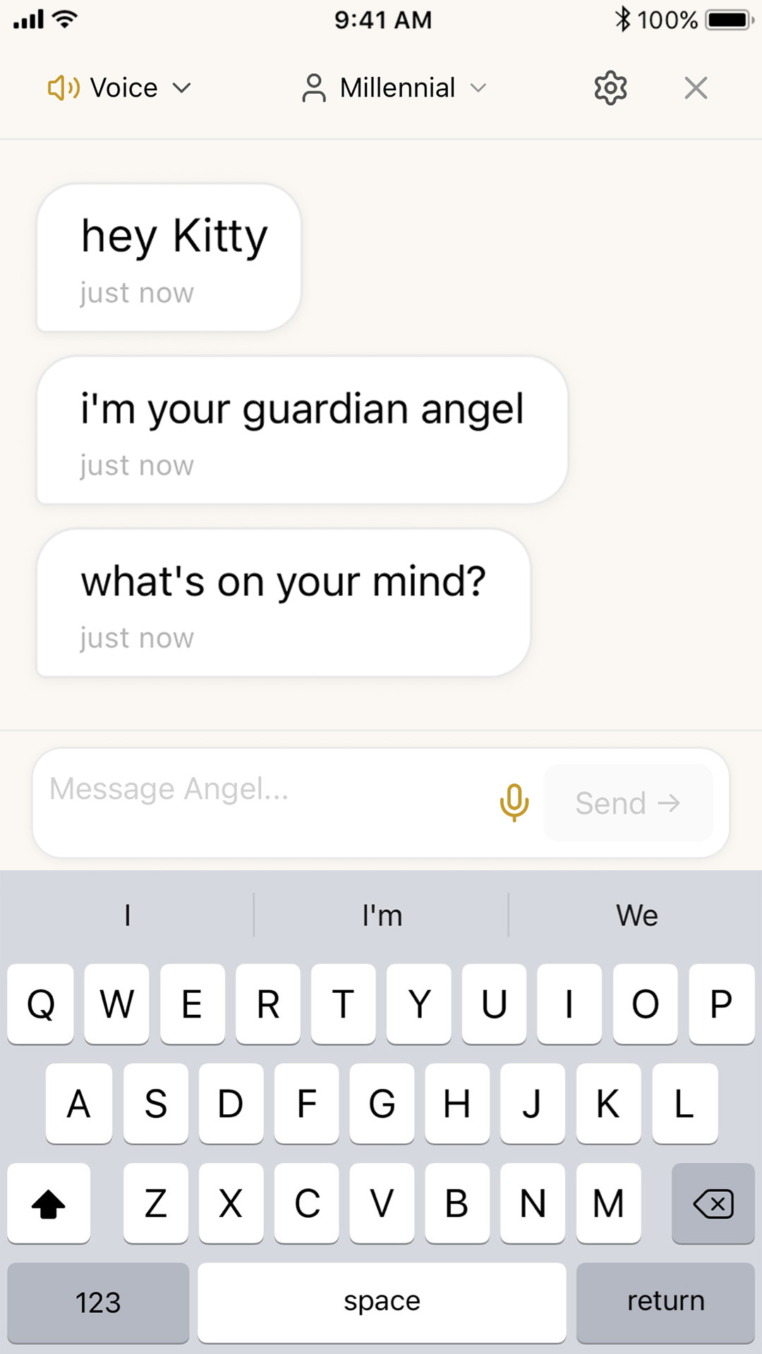 The Unfallen guardian angel chatting: 'i'm your guardian angel — what's on your mind?'